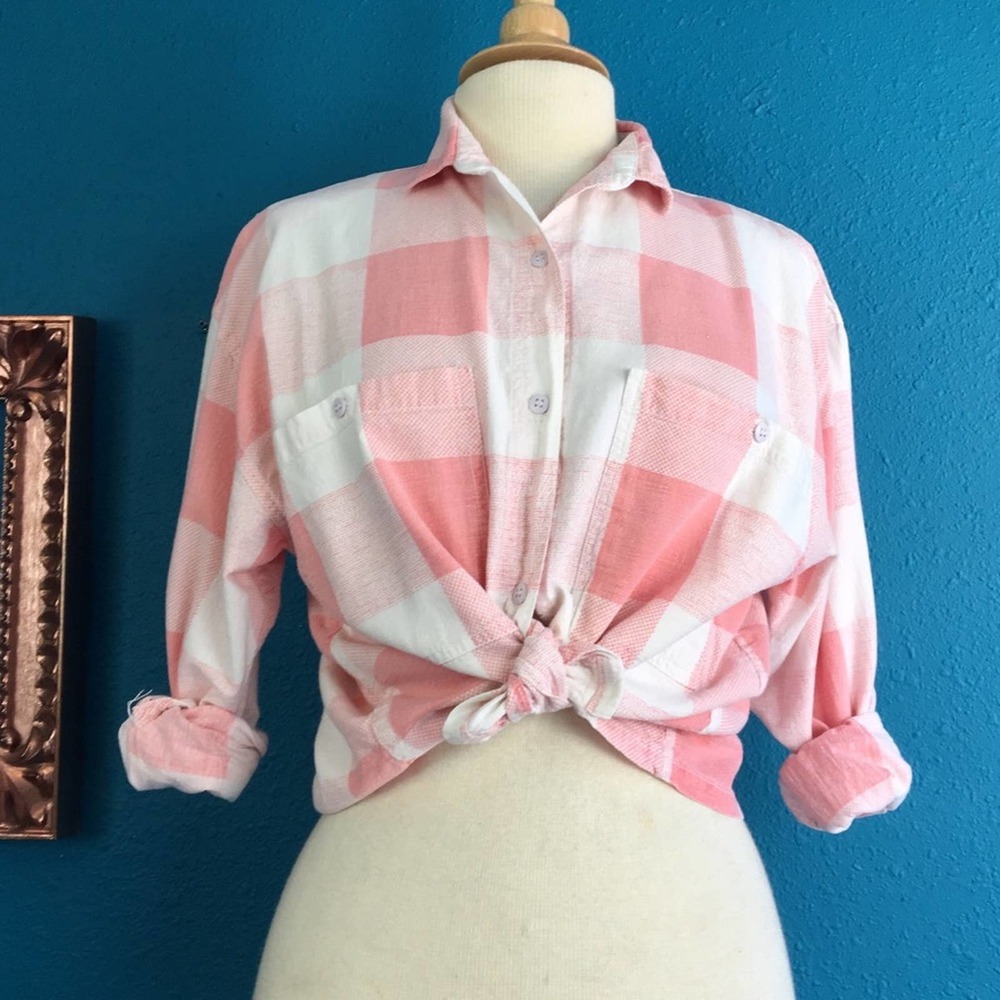 Vintage 80s pink & white large check button front top